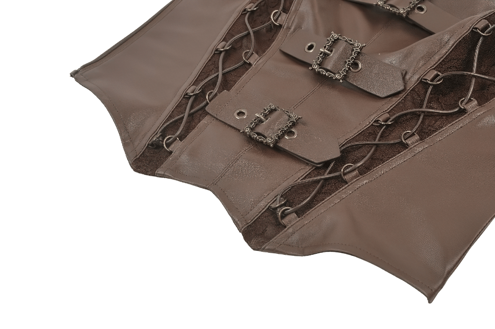 Brown Steampunk Buckle Lace Up Corset Top for Women with ornate buckle straps and lace-up panels.
