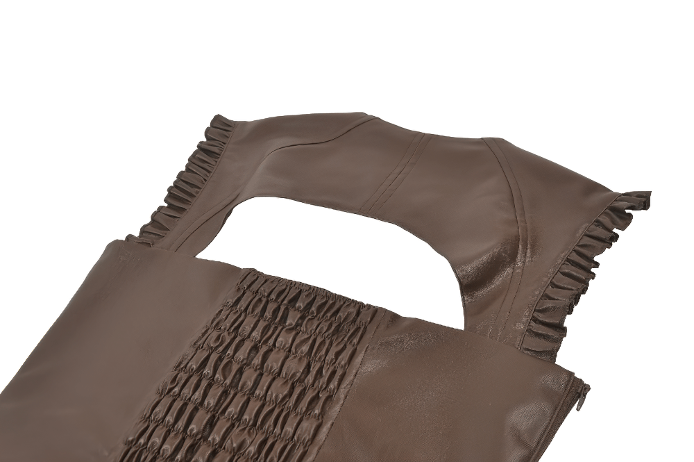 Brown Steampunk Buckle Lace Up Corset Top for Women showcasing ruffled cap sleeves and shirred back details.