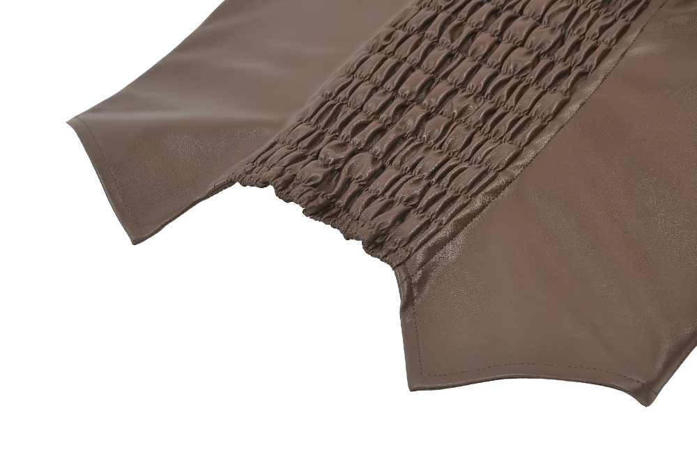 Brown Steampunk Buckle Lace Up Corset Top for Women with smocked back and faux leather fabric detail.