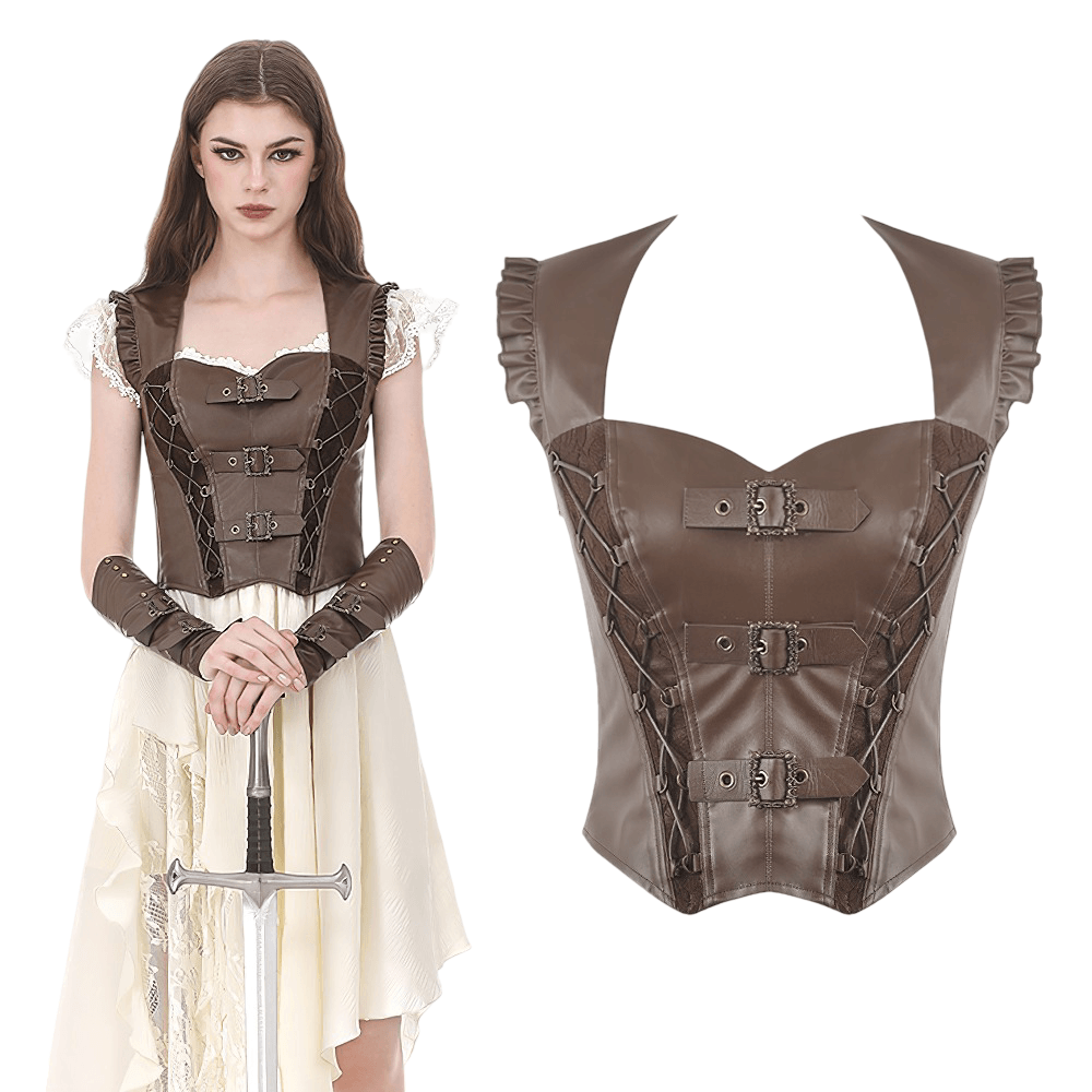 Brown Steampunk Buckle Lace Up Corset Top for Women with ornate buckle straps and ruffled cap sleeves.