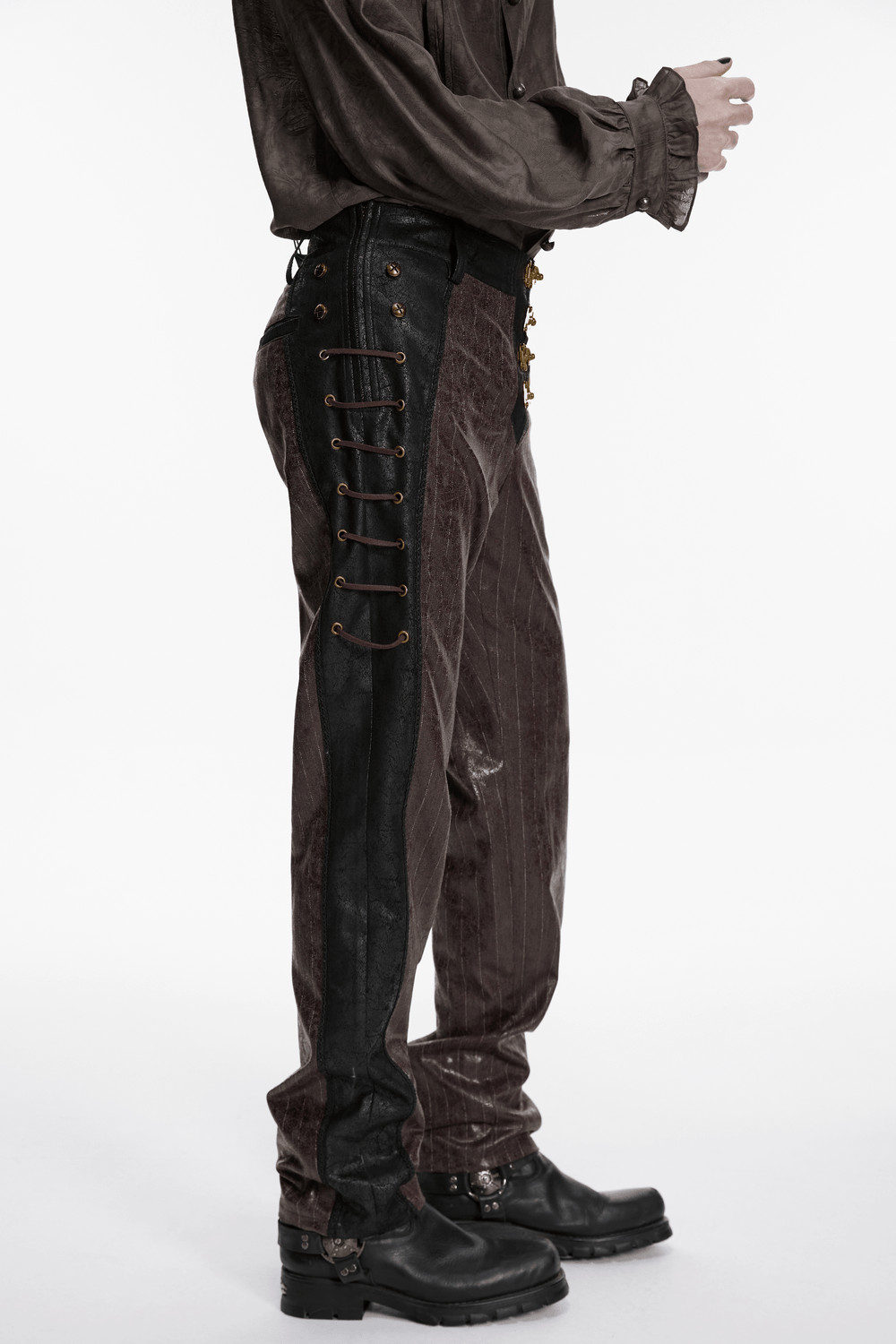 Brown Steampunk Faux Leather Striped Pants with Clasps showcased in a stylish side view.