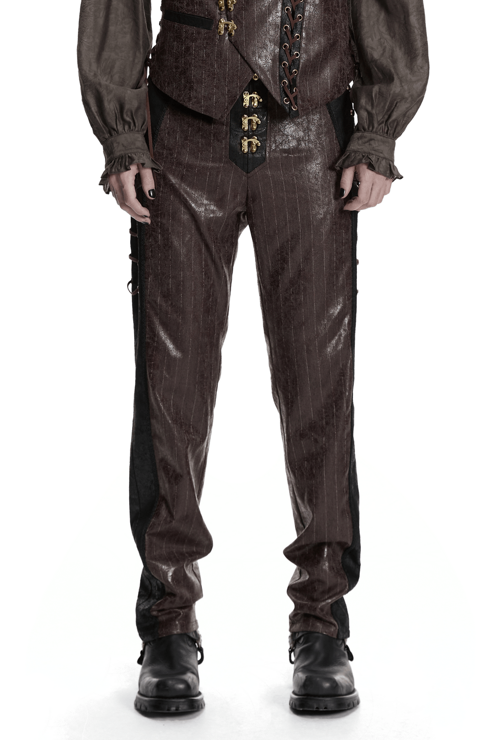 Brown Steampunk Faux Leather Striped Pants with Clasps - stylish vintage fashion with unique details.