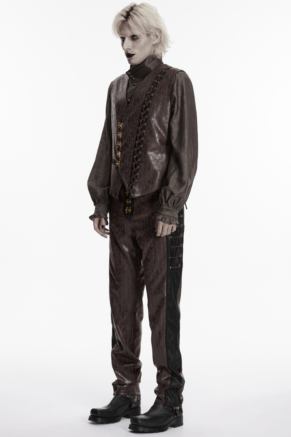 Brown Steampunk Faux Leather Striped Pants with Clasps worn in a stylish pose, showcasing unique design and clasps.