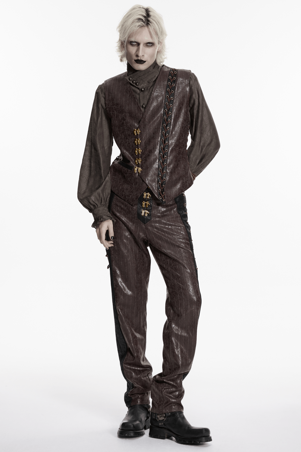 Brown Steampunk Faux Leather Striped Pants with Clasps worn by a model in a stylish photoshoot.