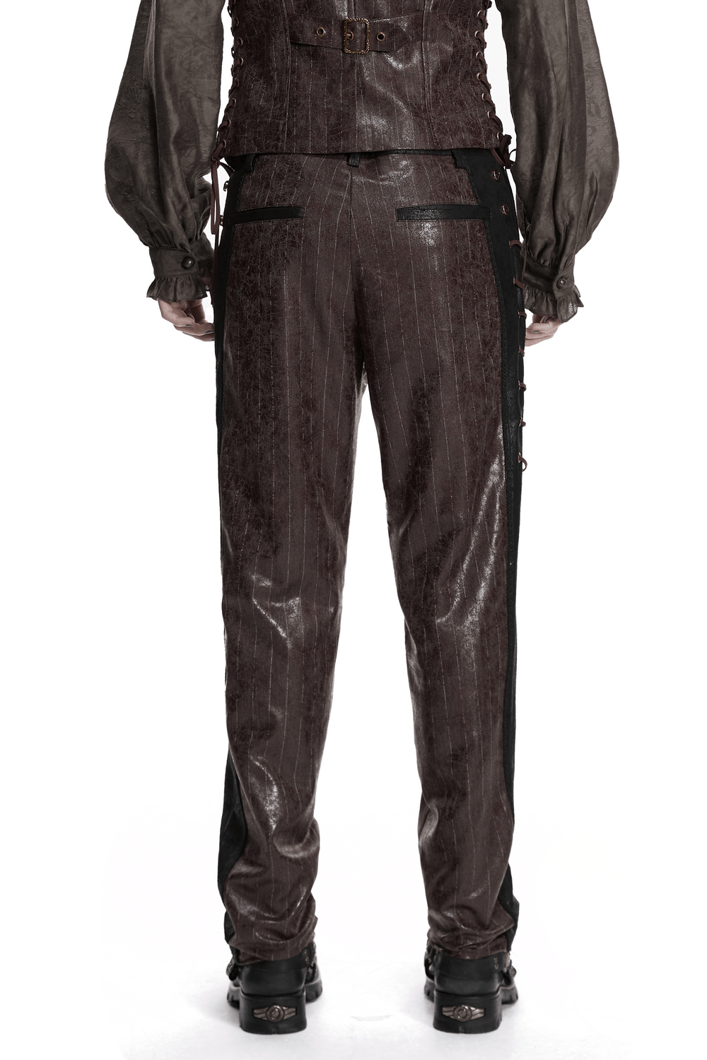Brown Steampunk Faux Leather Striped Pants with Clasps worn from the back, showcasing unique design and detailing.