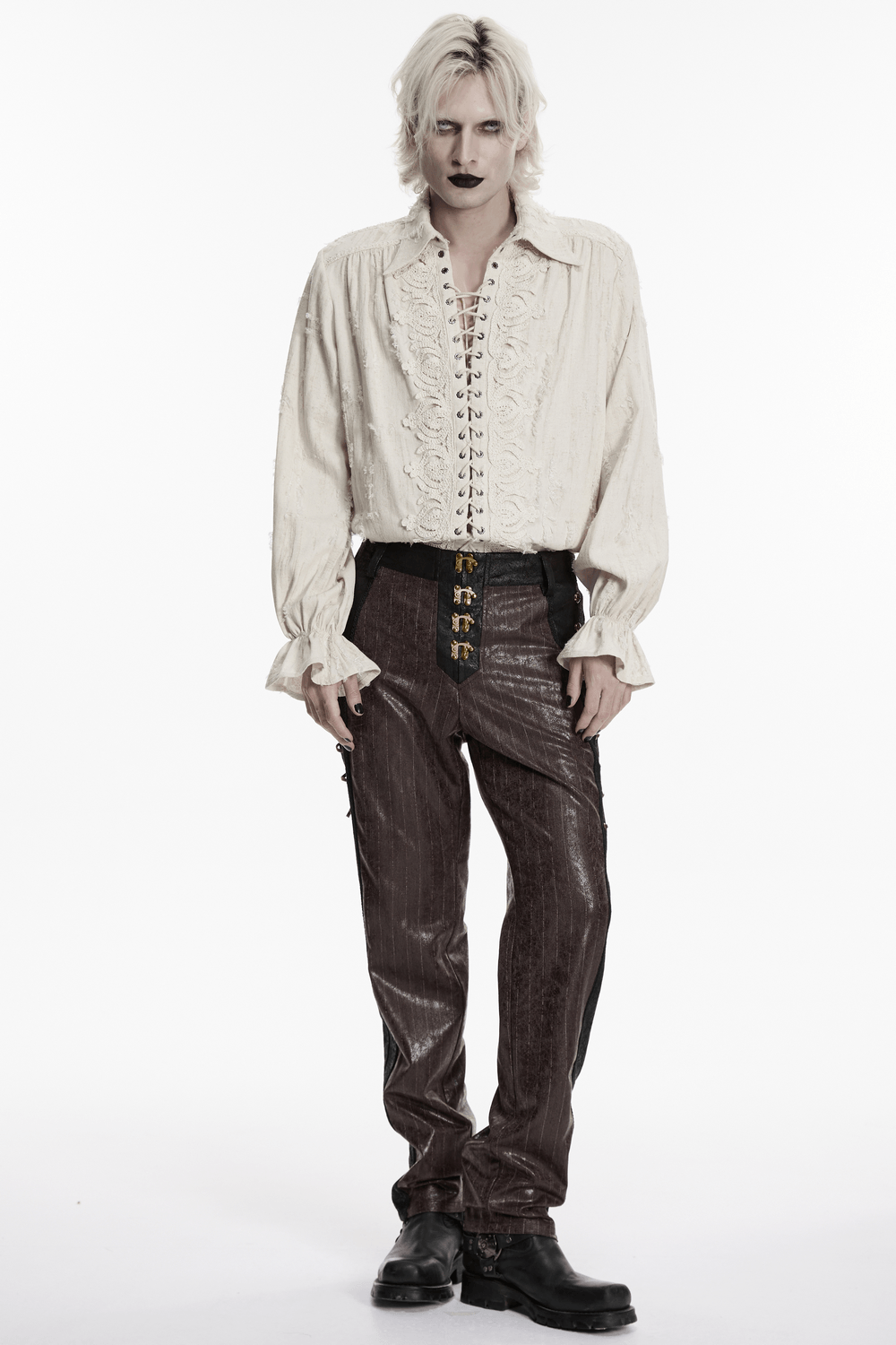 Brown Steampunk Faux Leather Striped Pants with Clasps paired with a vintage-style blouse.