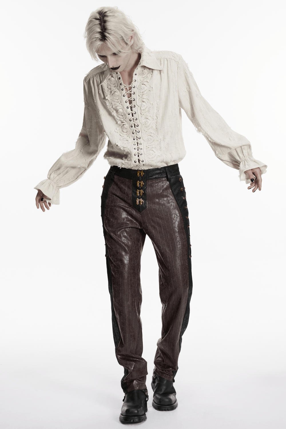 Brown Steampunk Faux Leather Striped Pants with Clasps worn by model with a vintage blouse, showcasing a unique design.