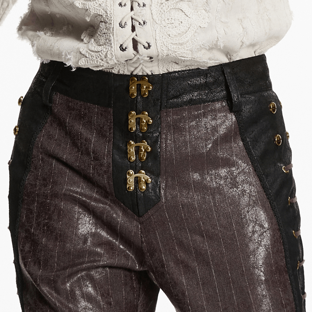 Brown Steampunk Faux Leather Striped Pants with Clasps showcasing detailed clasps and stylish striped fabric.