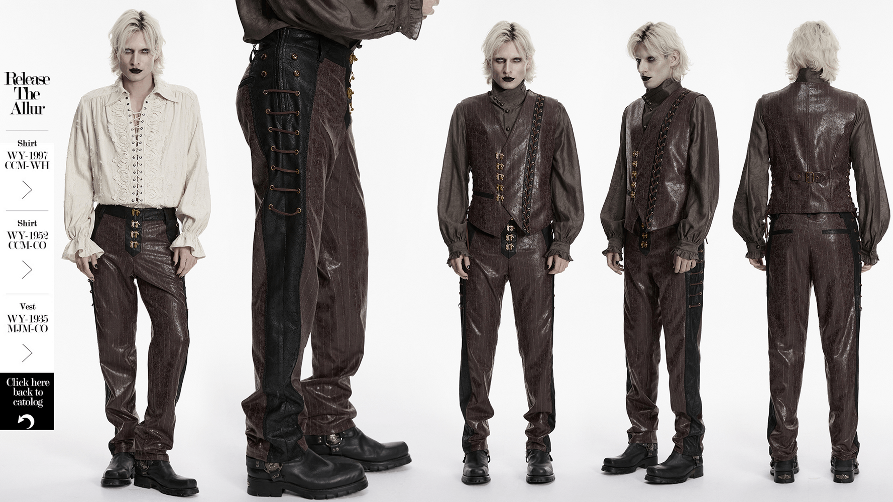 Brown Steampunk Faux Leather Striped Pants with Clasps showcased from multiple angles.