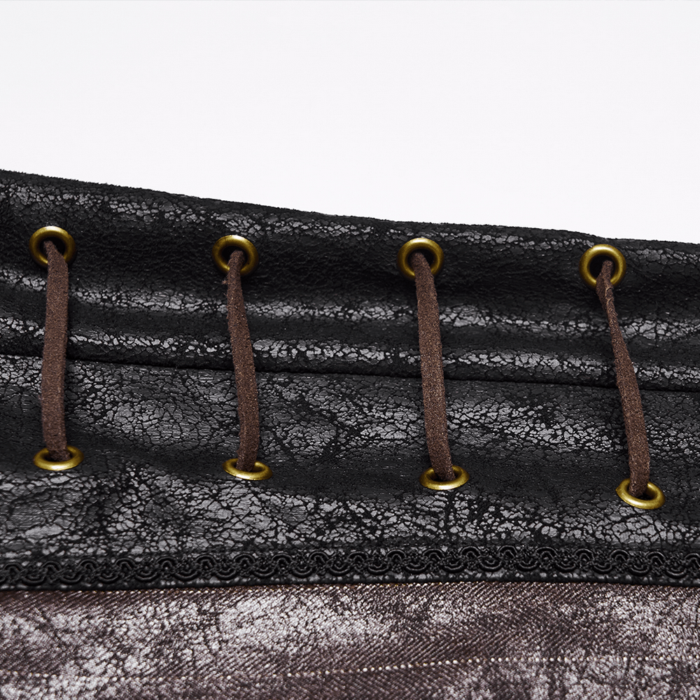 Brown Steampunk Faux Leather Striped Pants with Clasps showing detailed clasps and lacing design.