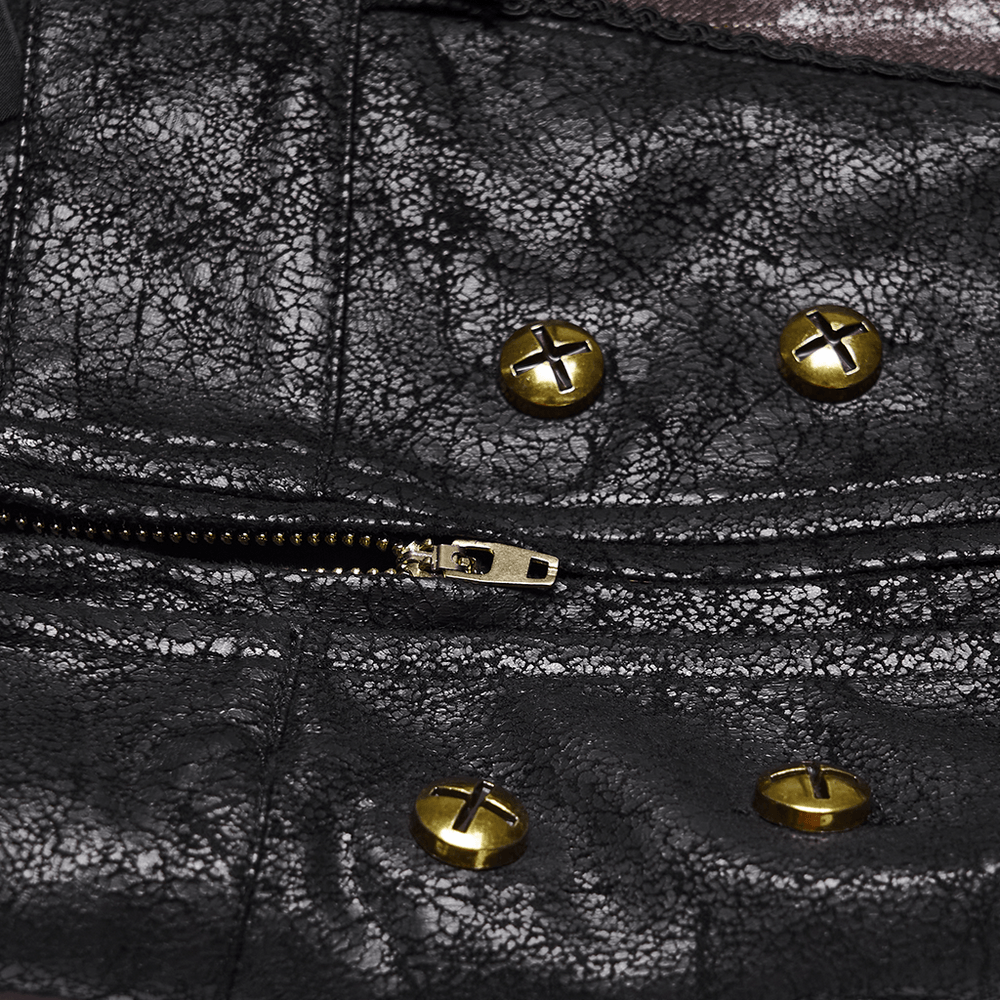 Close-up of the details on Brown Steampunk Faux Leather Striped Pants with Clasps, showcasing clasps and texture.