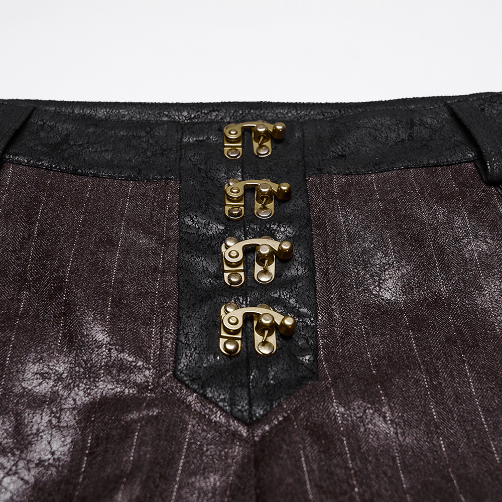 Brown Steampunk Faux Leather Striped Pants with Clasps details showing the unique clasp design.