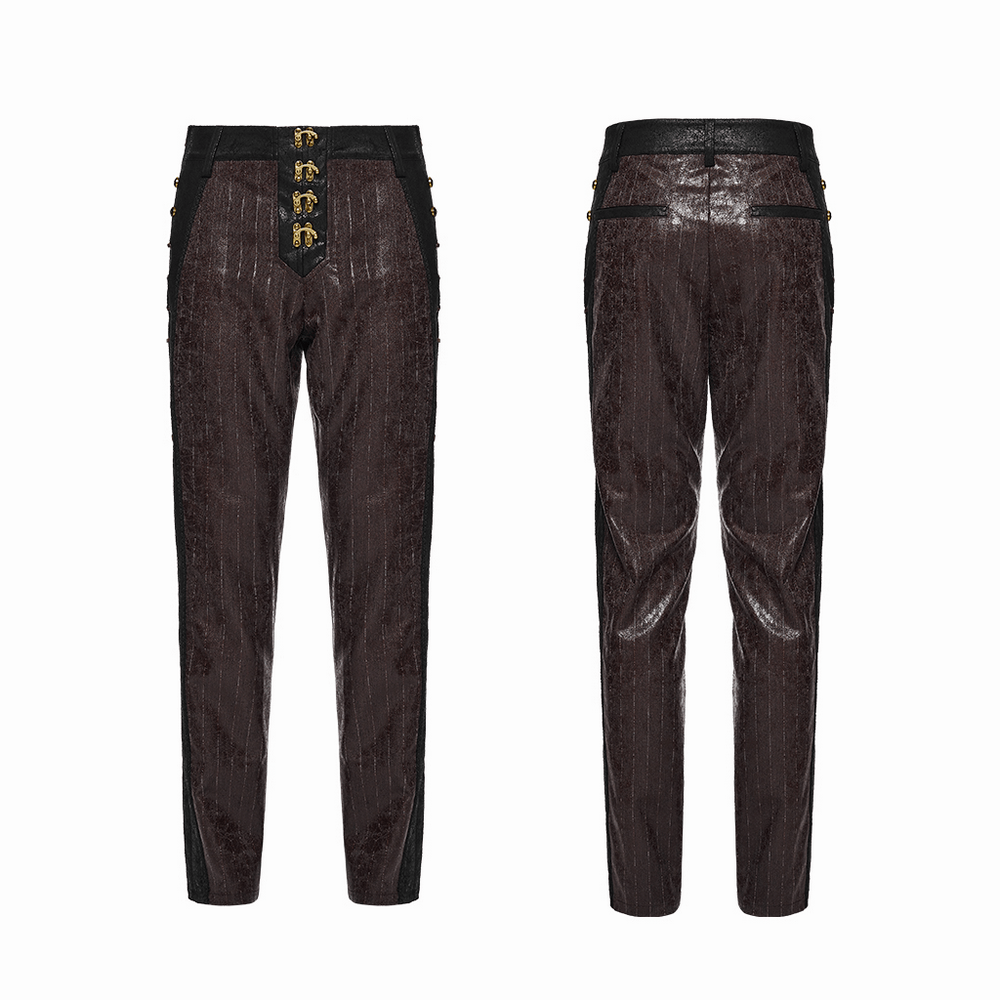 Brown Steampunk Faux Leather Striped Pants with Clasps showcased from front and back views.