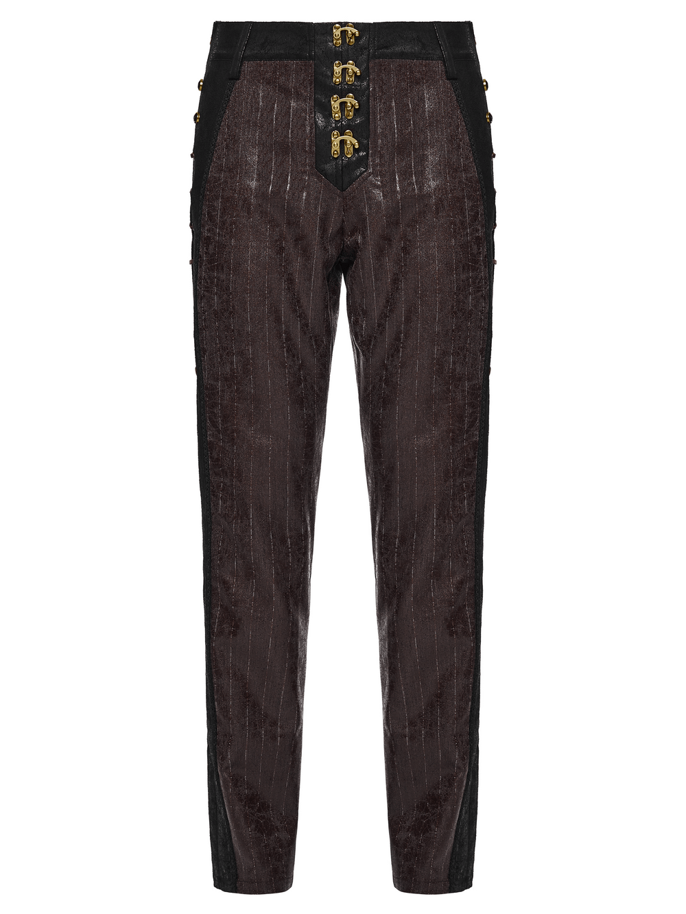Brown Steampunk Faux Leather Striped Pants with Clasps displayed in front view, featuring unique clasps and striped design.