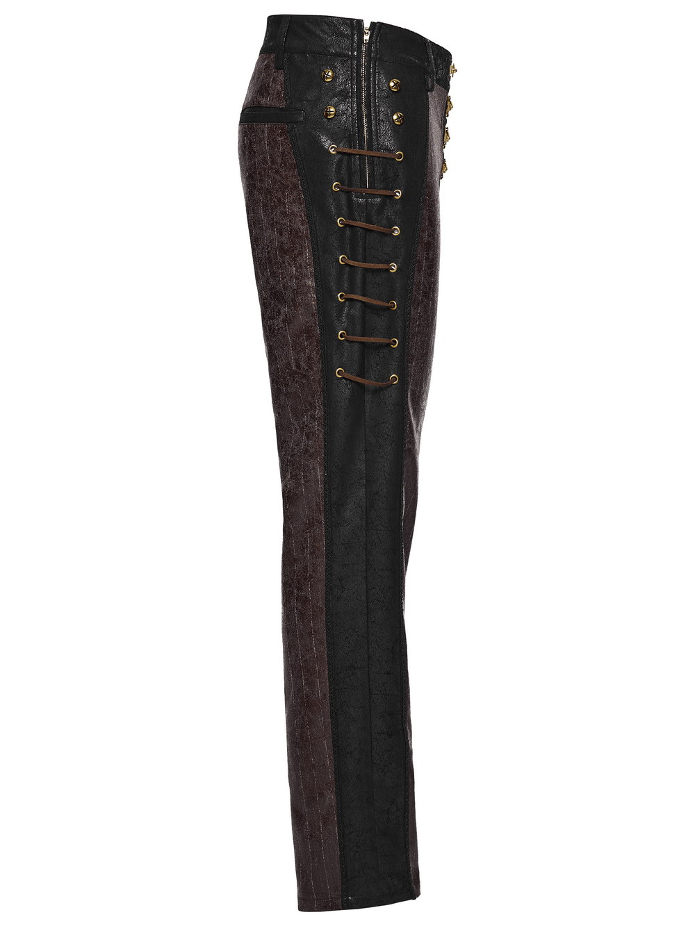 Brown Steampunk Faux Leather Striped Pants with Clasps featuring stylish clasps and a sleek design.