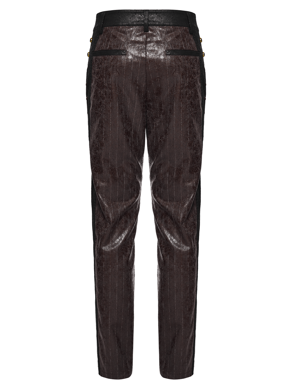 Brown Steampunk Faux Leather Striped Pants with Clasps back view showcasing sleek stripes and stylish clasps.