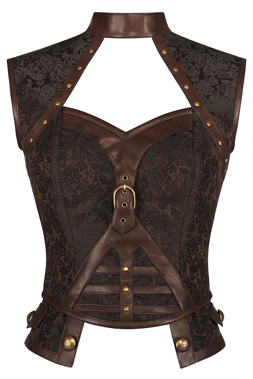 Alt Tag: Brown Steampunk Halter Neck Corset Top With Buckle, gothic brocade bustier with buckle front and smocked back