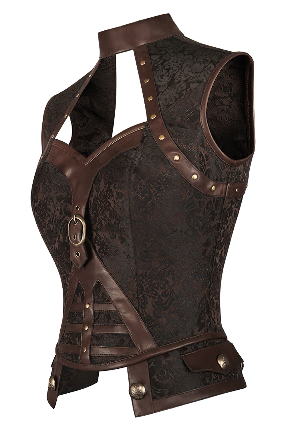Alt Tag: Brown Steampunk Halter Neck Corset Top With Buckle gothic brocade bustier with bold buckle straps and smocked back panel