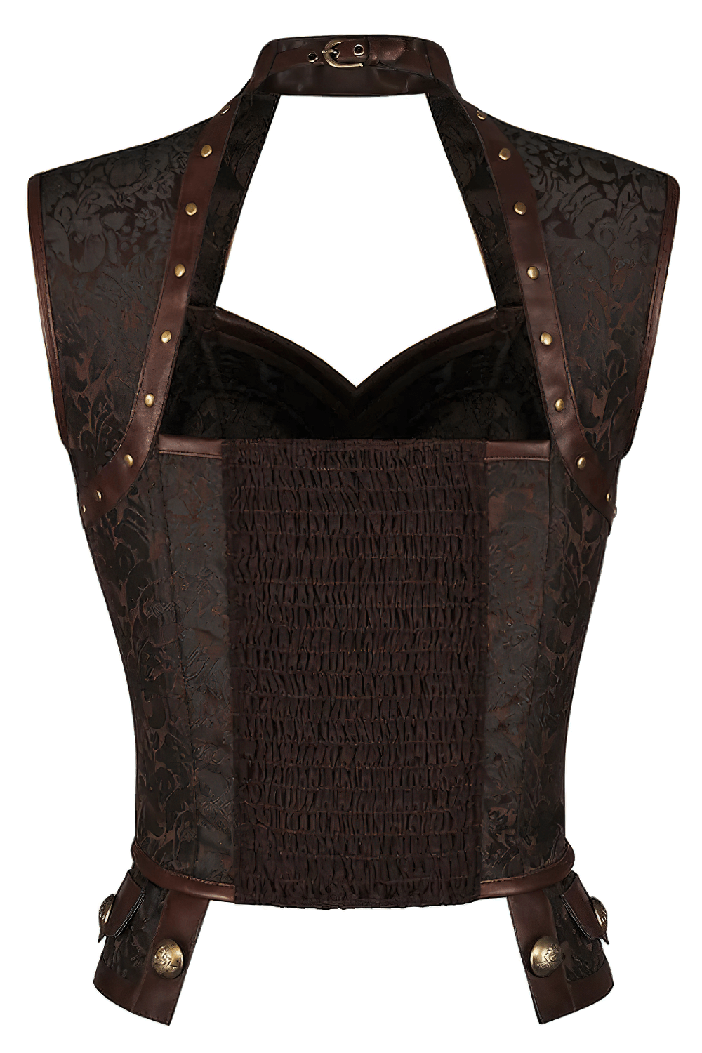 Alt Tag: Brown Steampunk Halter Neck Corset Top With Buckle gothic brown brocade bustier with smocked back panel and bold buckle details