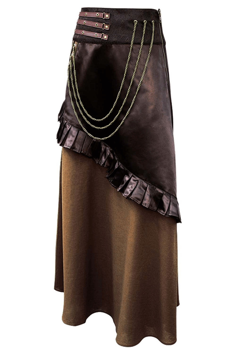 Alt Tag: Brown Steampunk Layered A-Line Skirt with Chain Drape Detail, asymmetrical gothic Victorian maxi cosplay skirt in deep brown bronze