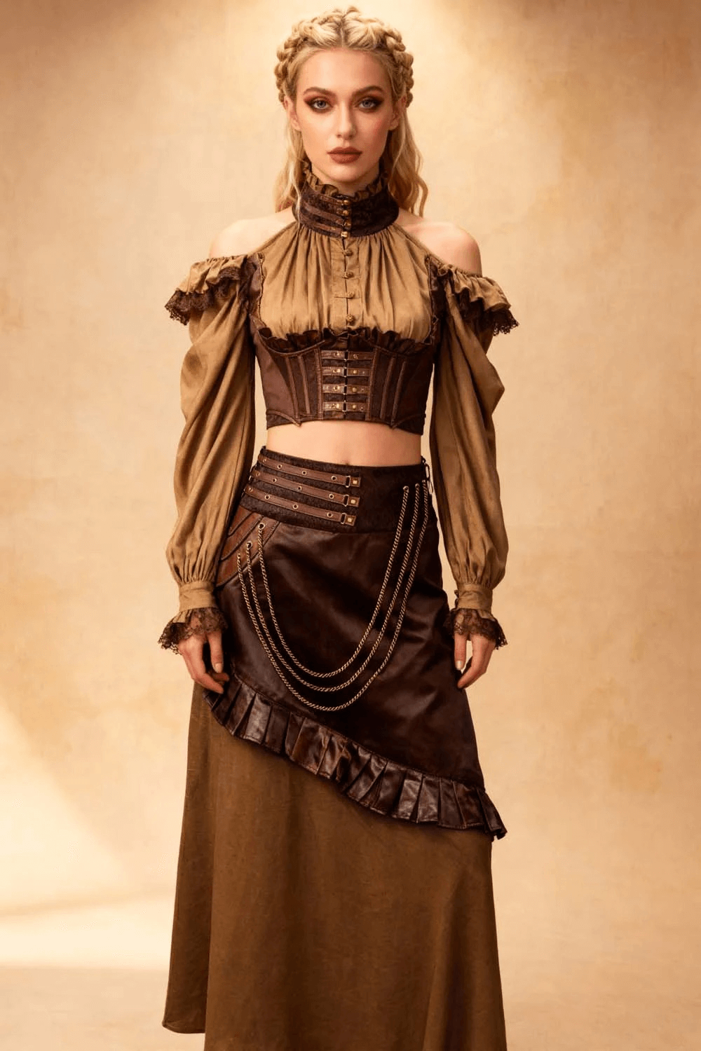 Alt Tag: Brown Steampunk Layered A-Line Skirt with Chain Drape Detail on model, gothic Victorian asymmetrical maxi skirt in deep brown bronze tones