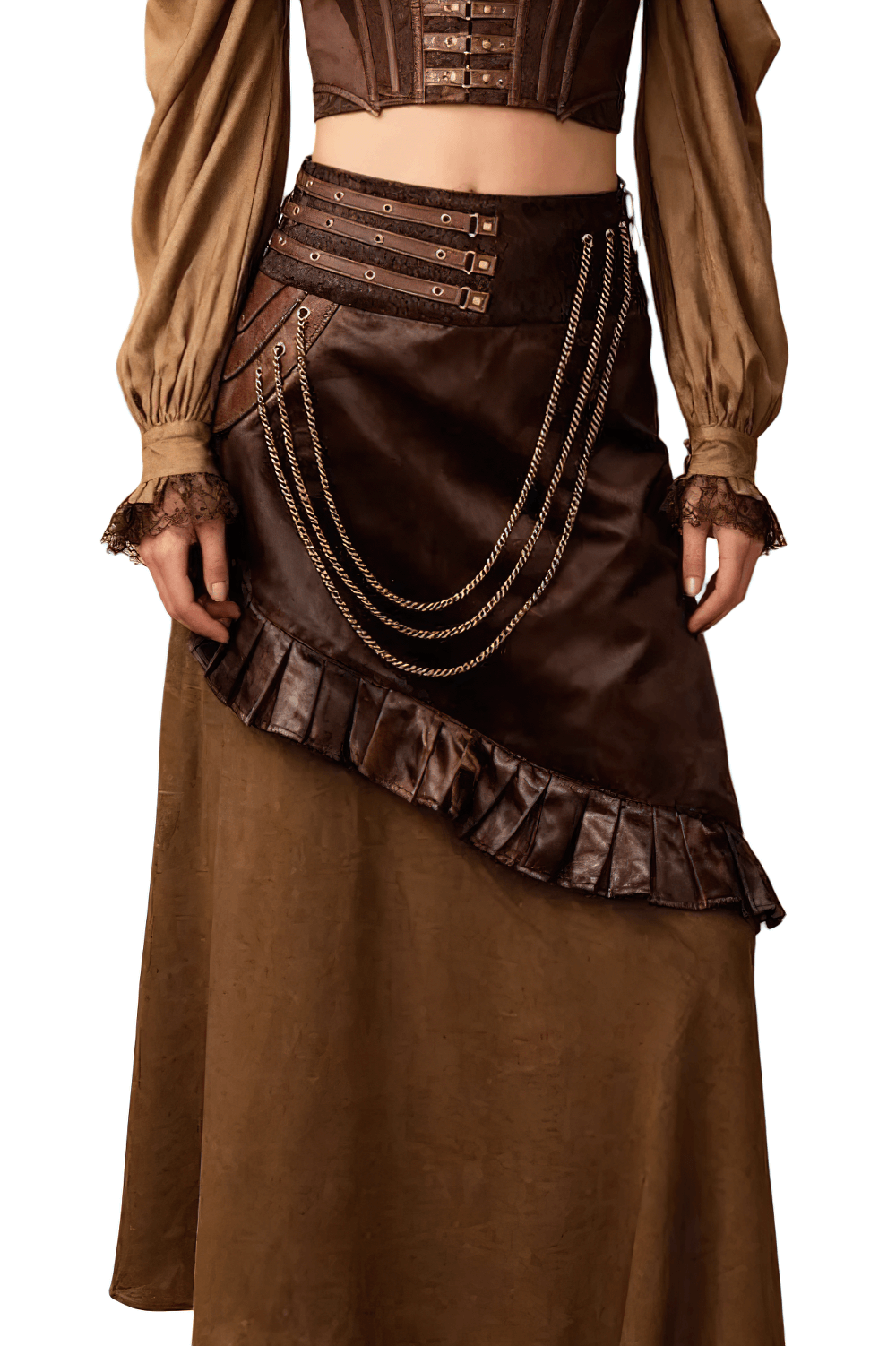 Alt Tag: Brown Steampunk Layered A-Line Skirt with Chain Drape Detail, gothic Victorian asymmetrical maxi cosplay skirt in deep brown with pleats