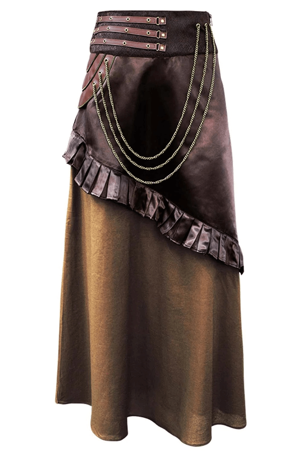 Alt Tag: Brown Steampunk Layered A-Line Skirt with Chain Drape Detail gothic Victorian asymmetrical maxi skirt in deep brown bronze with pleats