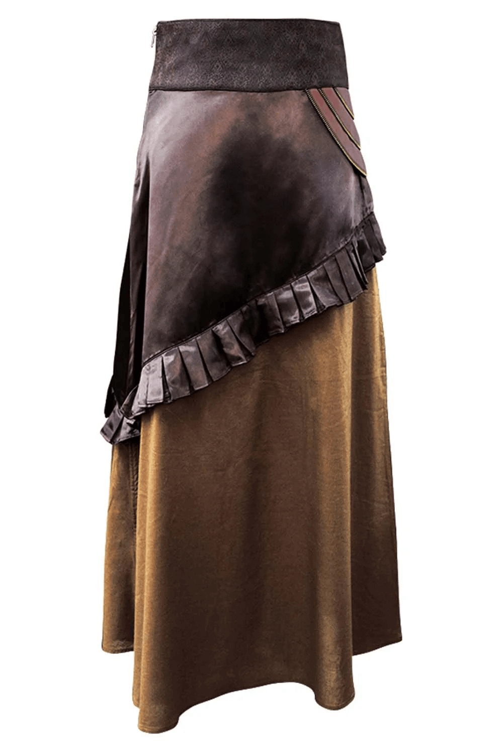 Alt Tag: Brown Steampunk Layered A-Line Skirt with Chain Drape Detail gothic Victorian asymmetrical maxi skirt in deep brown bronze with layered pleats