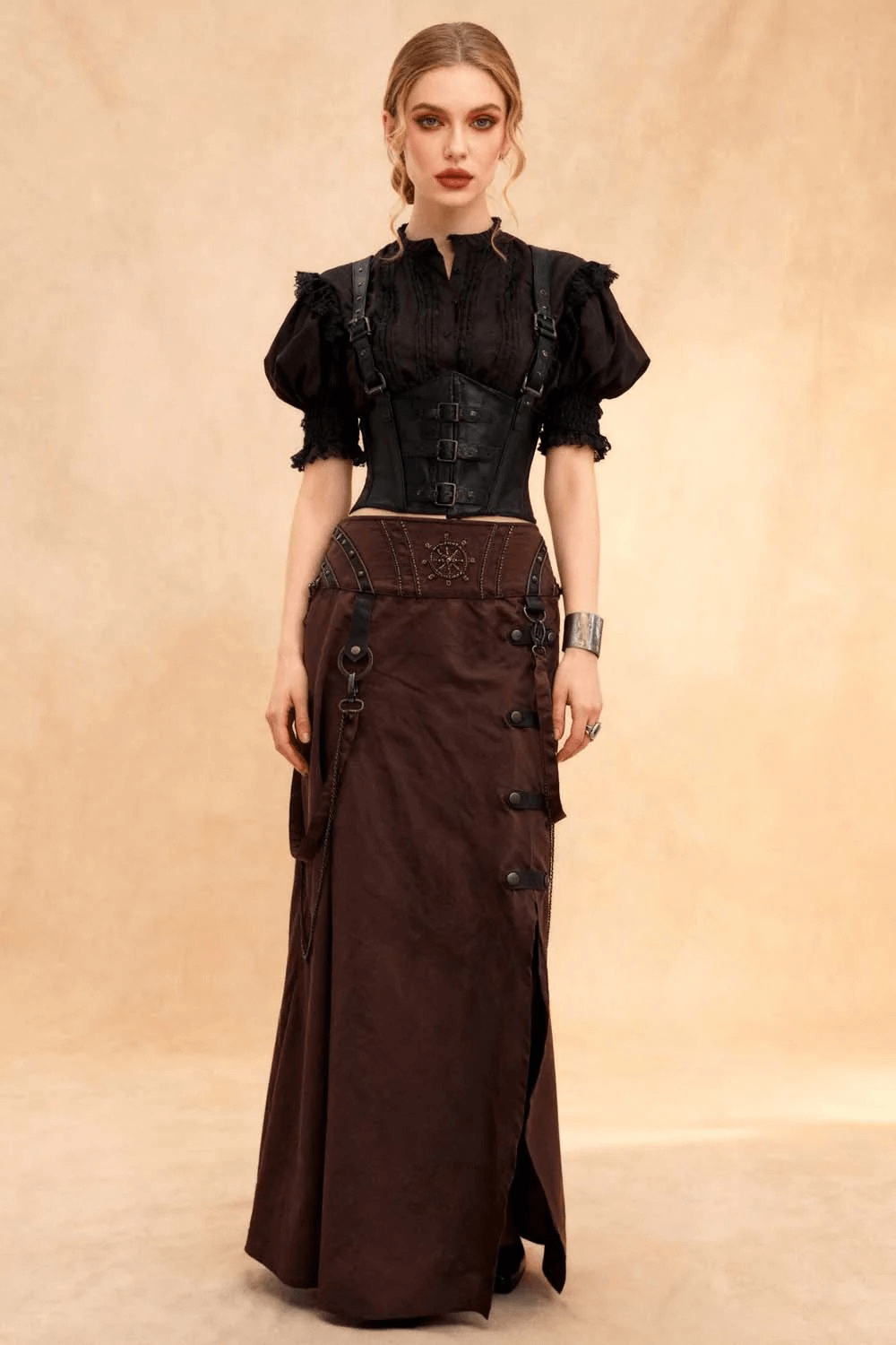 Alt Tag: Brown Steampunk Maxi Skirt with Chain Strap Detail - gothic Victorian brown A-line maxi skirt with straps, chains and embroidered waistband