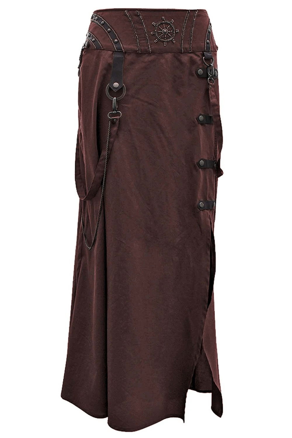 Alt Tag: Brown Steampunk Maxi Skirt with Chain Strap Detail, brown gothic Victorian A-line maxi skirt with embroidered waistband, dog hook straps