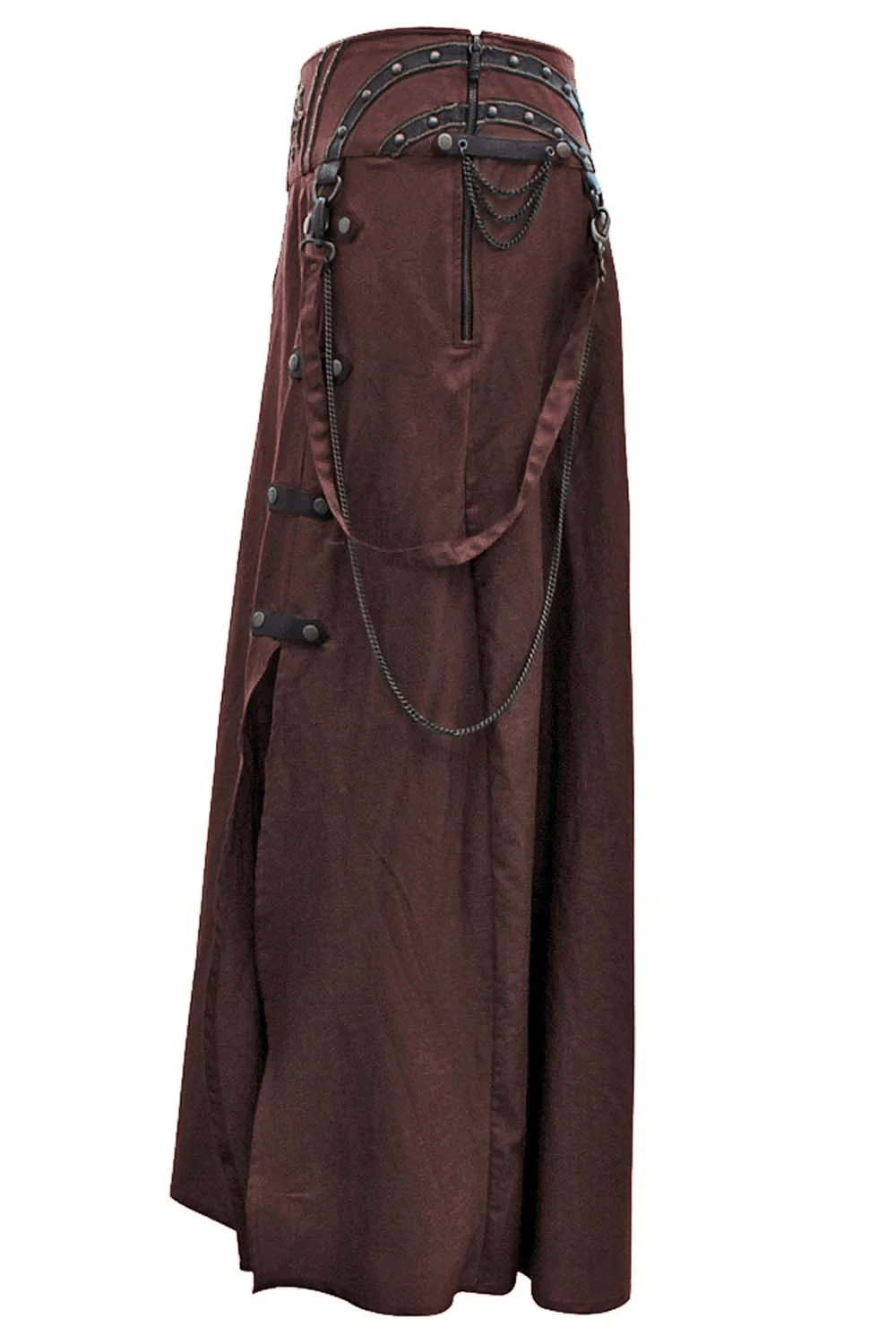 Alt Tag: Brown Steampunk Maxi Skirt with Chain Strap Detail, gothic Victorian A-line maxi skirt with embroidered waistband, dog hook straps