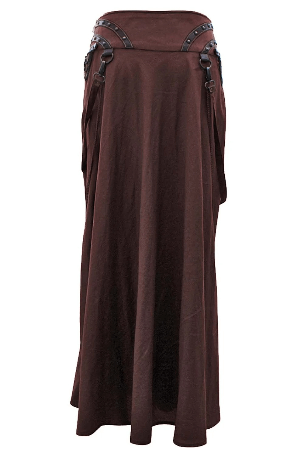 Alt Tag: Brown Steampunk Maxi Skirt with Chain Strap Detail, gothic Victorian A-line maxi skirt with embroidered waistband, dog hook straps and chain accents