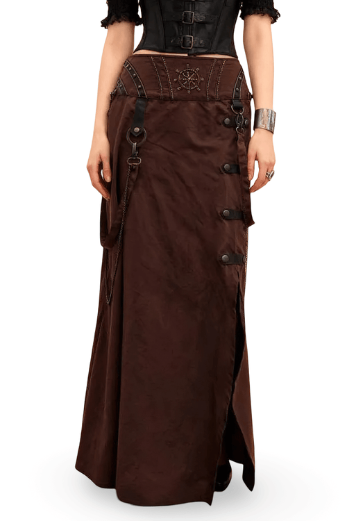 Jupe évasée marron steampunk à volants avec détail de drapé en chaîne