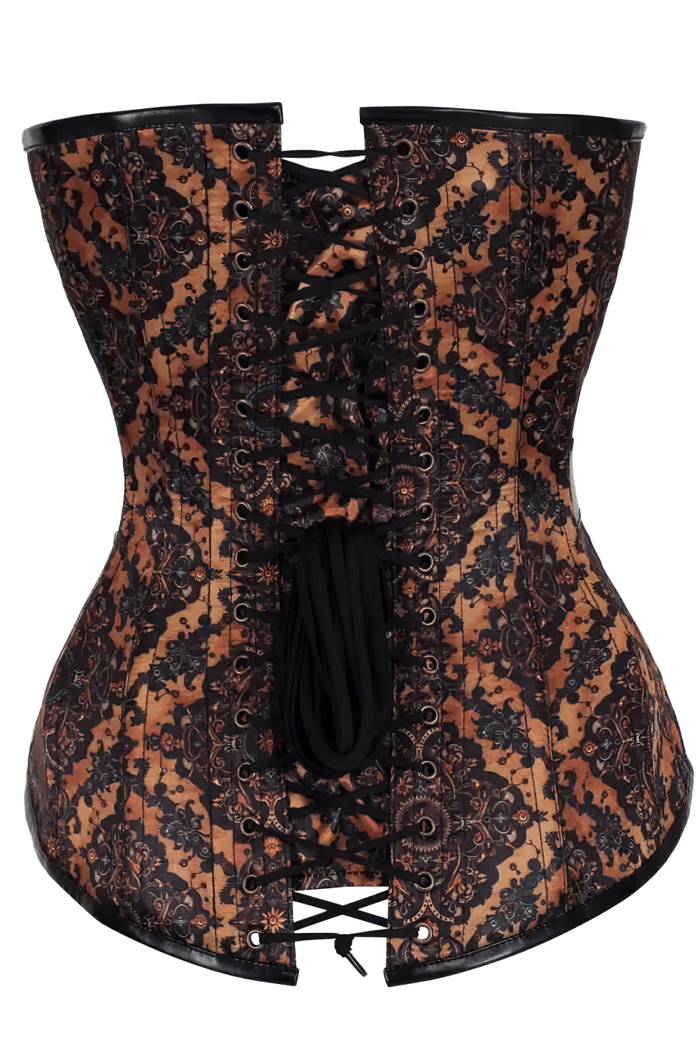 Brown Steampunk Overbust Corset with Buckle and Lace Details, brown and black floral lace corset with front lacing