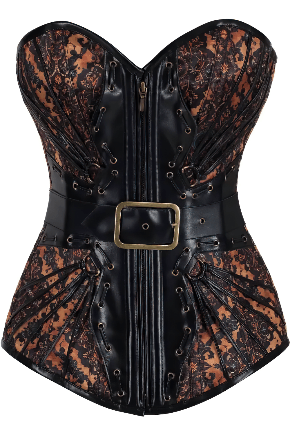 Brown Steampunk Overbust Corset with Buckle and Lace Details, black faux leather and lace bustier with zipper