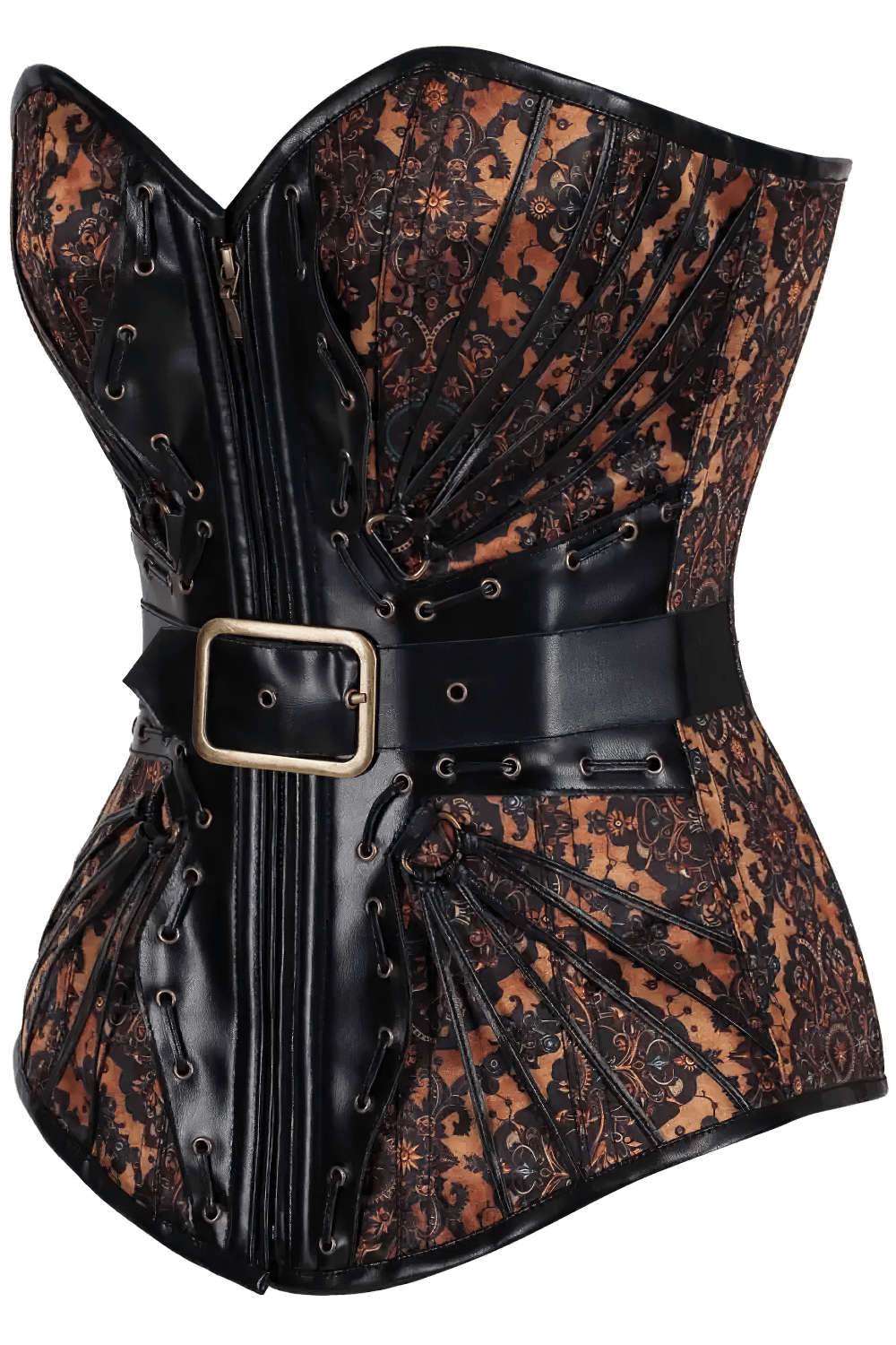 Brown Steampunk Overbust Corset with Buckle and Lace Details, brown and black faux leather with antique-gold belt