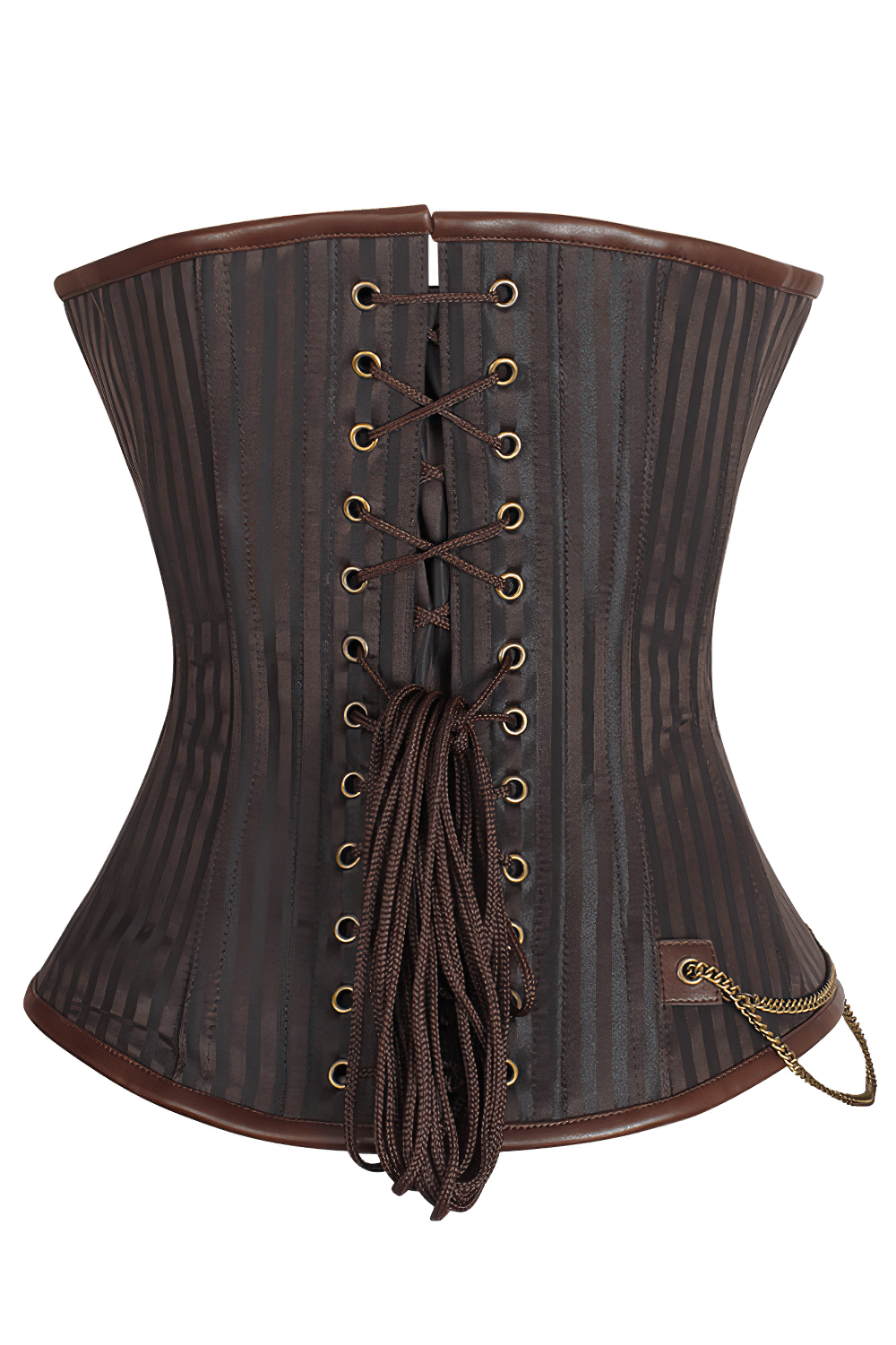 Alt Tag: Brown Steampunk Overbust Corset With Chain Pocket, brown striped brocade steel-boned overbust corset with lace-up back and chain pocket
