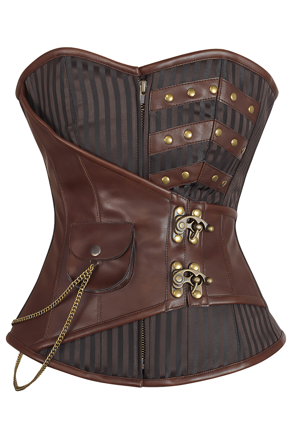 Alt Tag: Brown Steampunk Overbust Corset With Chain Pocket featuring steel boning, front zipper, lace-up back, striped brocade and faux leather