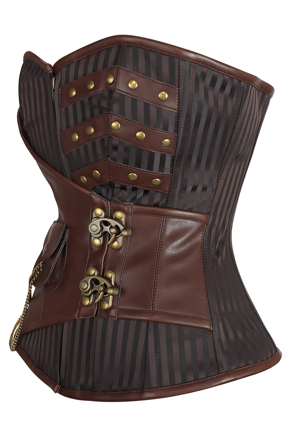 Alt Tag: Brown Steampunk Overbust Corset With Chain Pocket, steel-boned gothic brocade stripes, faux leather panels, zipper front, lace-up back