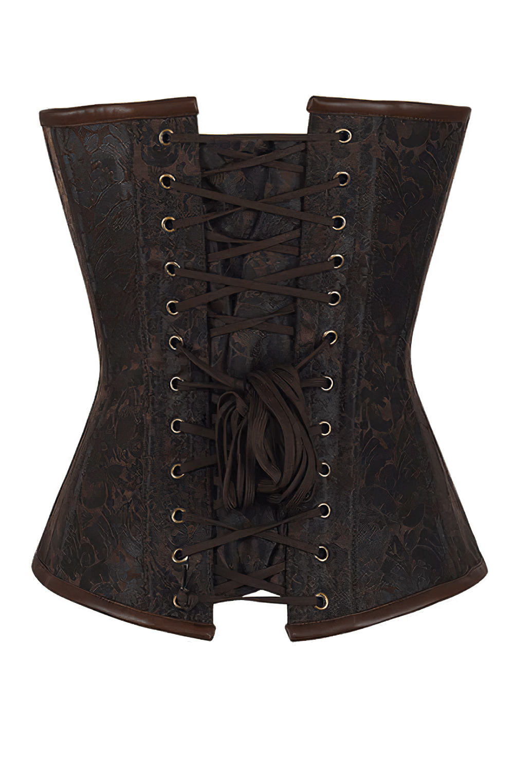 Alt Tag: Brown Steampunk Overbust Corset with Chains and Clasps Style Victorian brown corset with back lacing, steel-boned silhouette