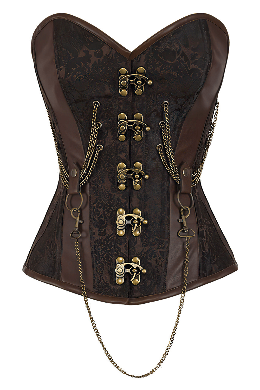 Alt Tag: Brown Steampunk Overbust Corset with Chains and Clasps Style Victorian brown overbust corset with antique chains, ornate clasps, steel boning