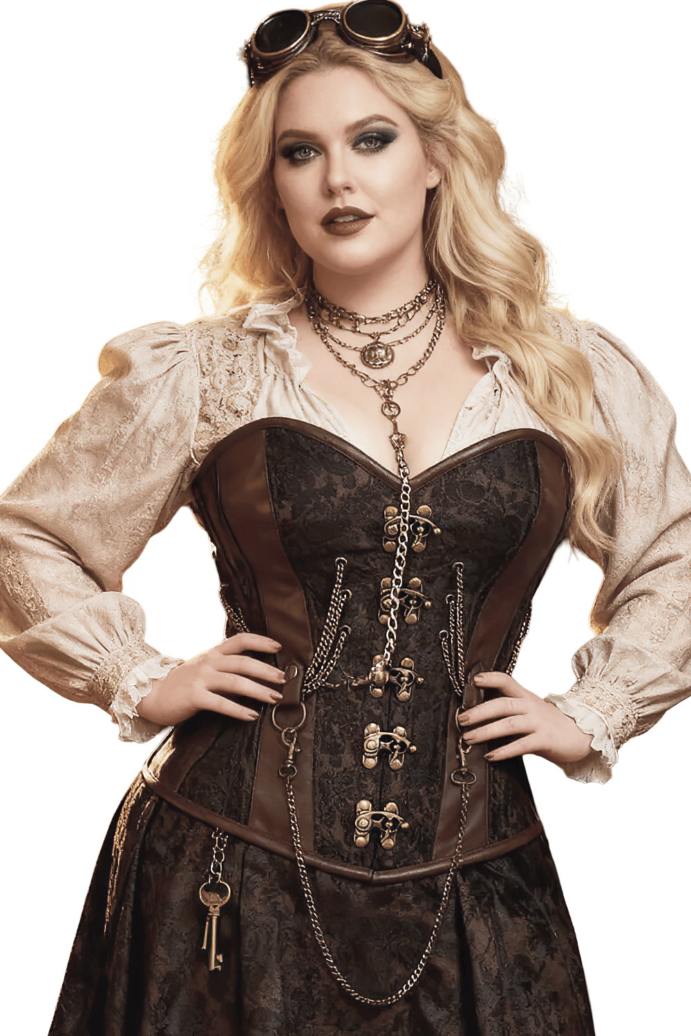 Brown Steampunk Overbust Corset with Chains and Clasps Style on model, brown Victorian gothic overbust corset with chains, clasps & goggles
