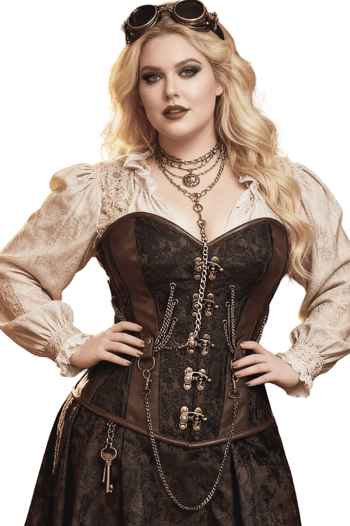 Brown Steampunk Overbust Corset with Chains and Clasps Style