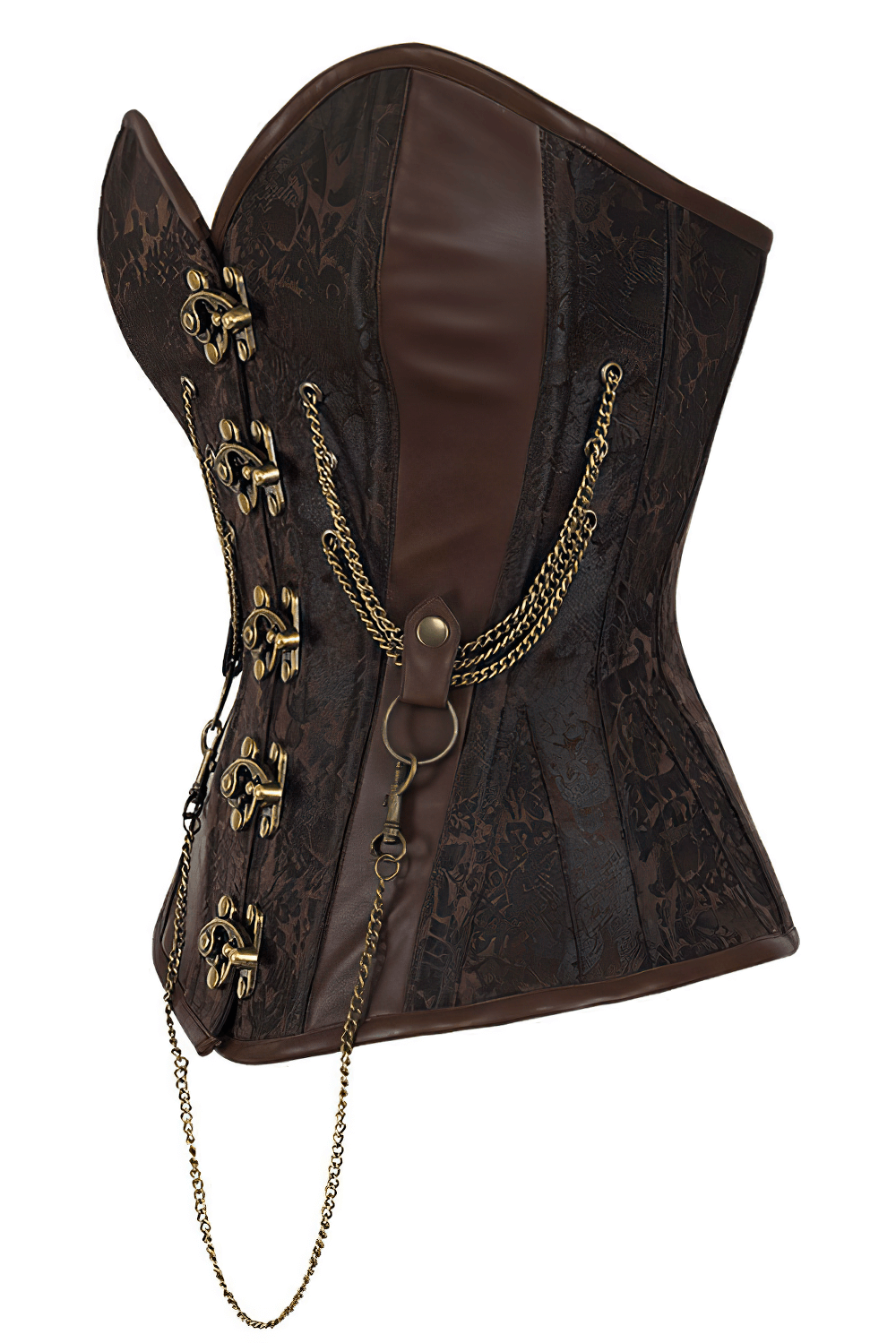 Alt Tag: Brown Steampunk Overbust Corset with Chains and Clasps Style, brown Victorian corset with antique chains, buckles, and ornate clasps