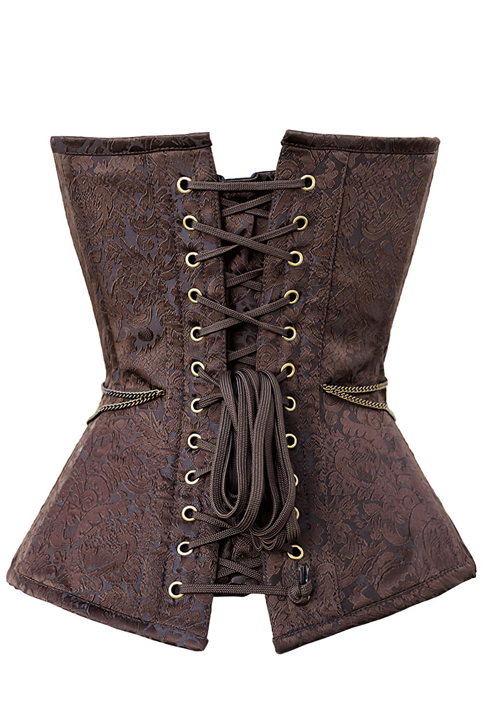 Brown Steampunk Overbust Corset with Ornate Hardware Details, rich brown Victorian gothic brocade with lace-up back, grommets, and chain accents