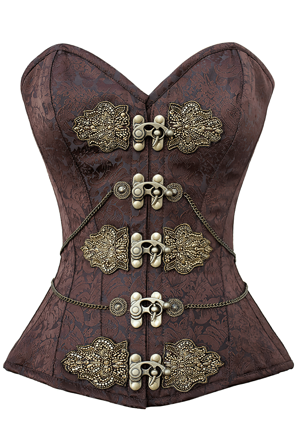 Alt Tag: Brown Steampunk Overbust Corset with Ornate Hardware Details featuring antique clasps, chain accents, and brown embossed fabric