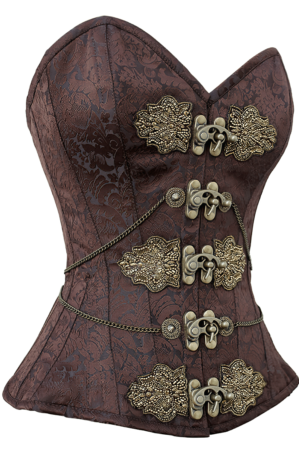 Alt Tag: Brown Steampunk Overbust Corset with Ornate Hardware Details featuring antique clasp hardware, chain accents, and Victorian gothic brocade
