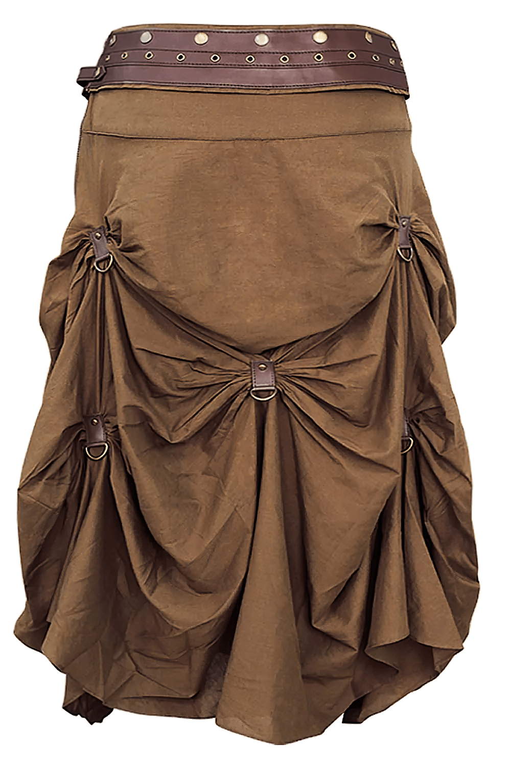 Alt Tag: Brown Steampunk Ruched Midi Skirt with Belt Pouch, tan Victorian gathered drape with D-rings, buckle accents, and utility pouch