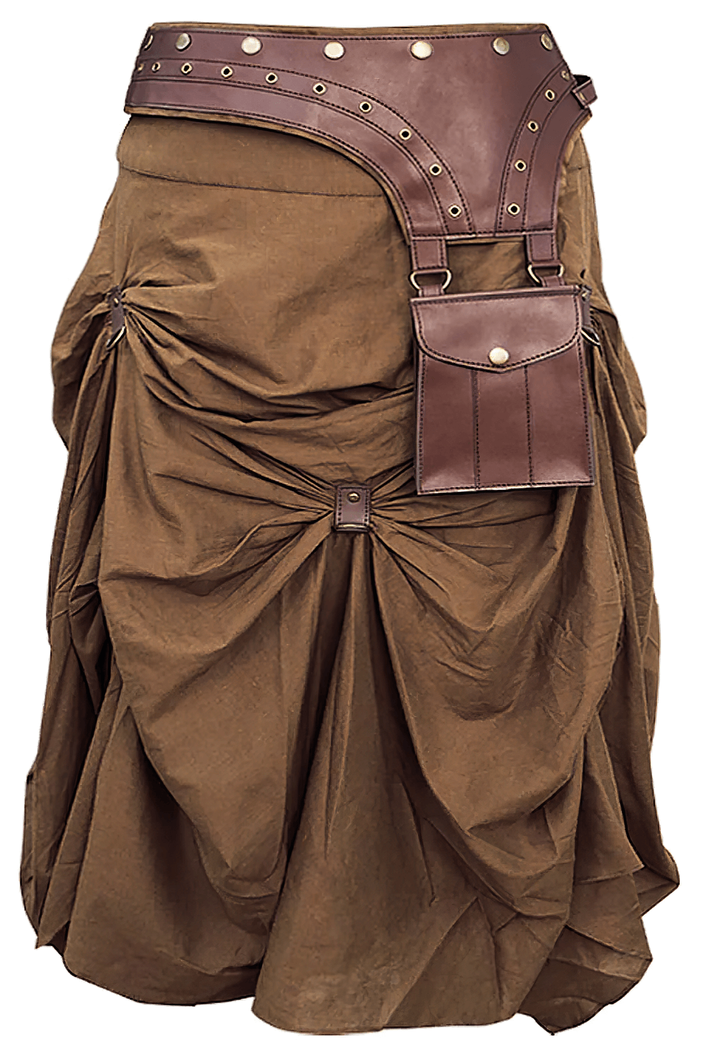 Alt Tag: Brown Steampunk Ruched Midi Skirt with Belt Pouch in tan-brown with gathered drape, buckle accents, D-rings, and utility pouch