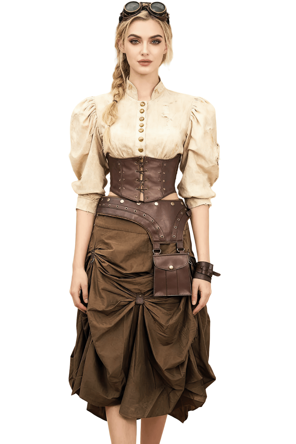 Alt Tag: Brown Steampunk Ruched Midi Skirt with Belt Pouch worn with corset, draped gathered panels, buckle accents, utility pouch